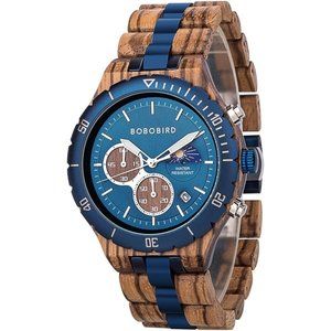 Men Wooden Quartz Wrist Multifunctional Wood and Stainless Steel Watch -Blue